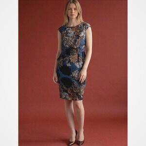 Eva Franco Floral Peplum Sheath Dress Blue Copper Size 8 Cocktail Wedding Guest